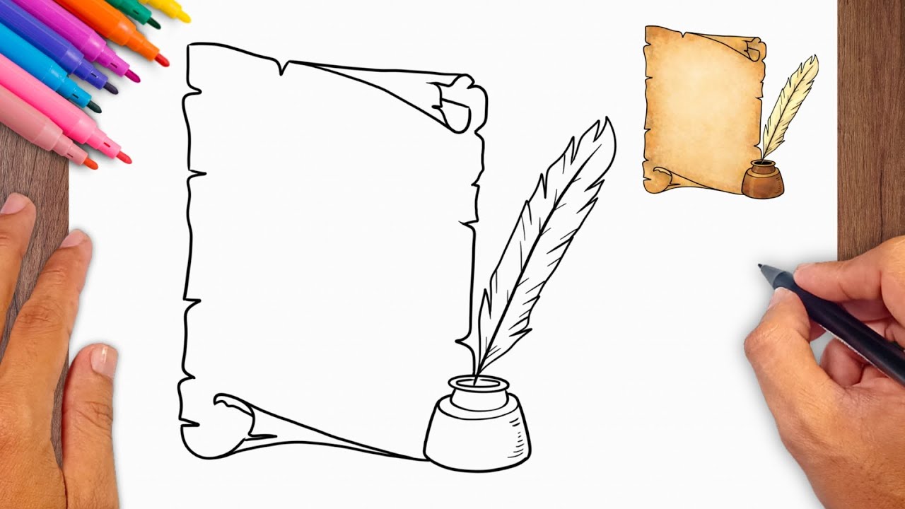 How to draw Paper Scroll And Feather - Easy Drawing for Kids & Beginners