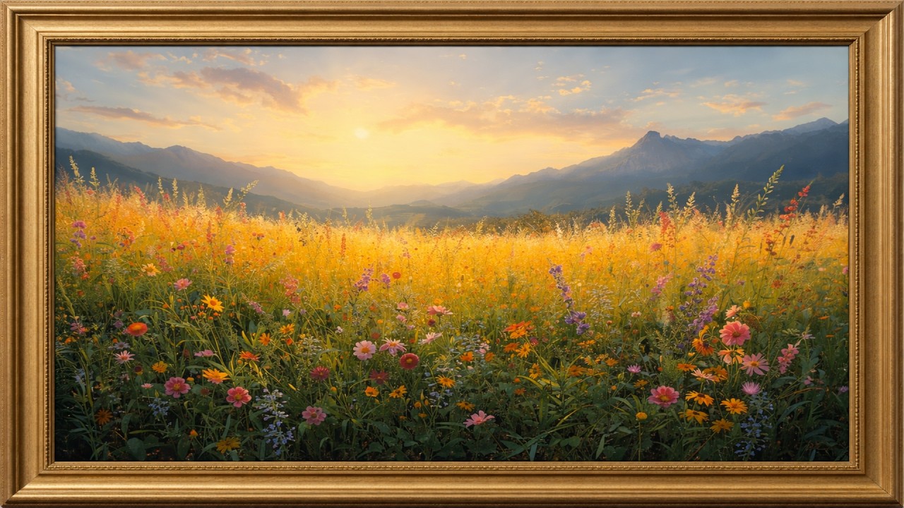 Golden Wildflower Meadow in Elegant Frame | Relaxing Nature Art for Calm Ambience (4K)
