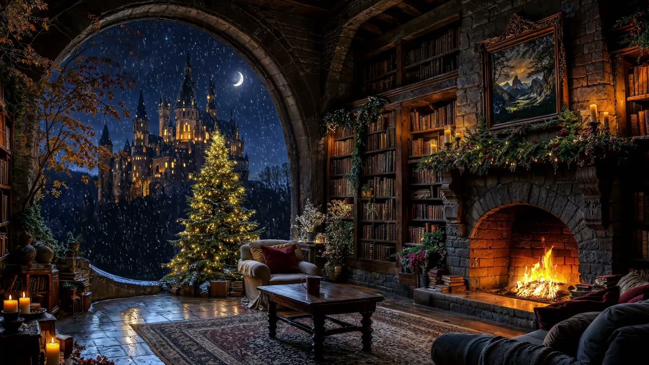 Silent Christmas Cabin Evening 🎄🔥 Snowfall, Cozy Fireplace & Book Nook Ambience for Sleep & Calm