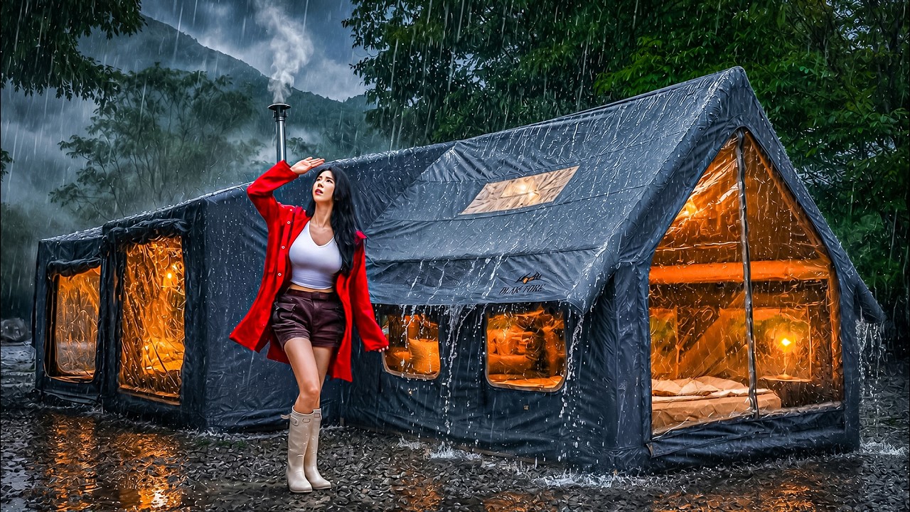 ☔️ КЕМПИНГ ПОД ДОЖДЁМ С ТРЁХКОМНАТНОЙ НАДУВНОЙ ПАЛАТКОЙ