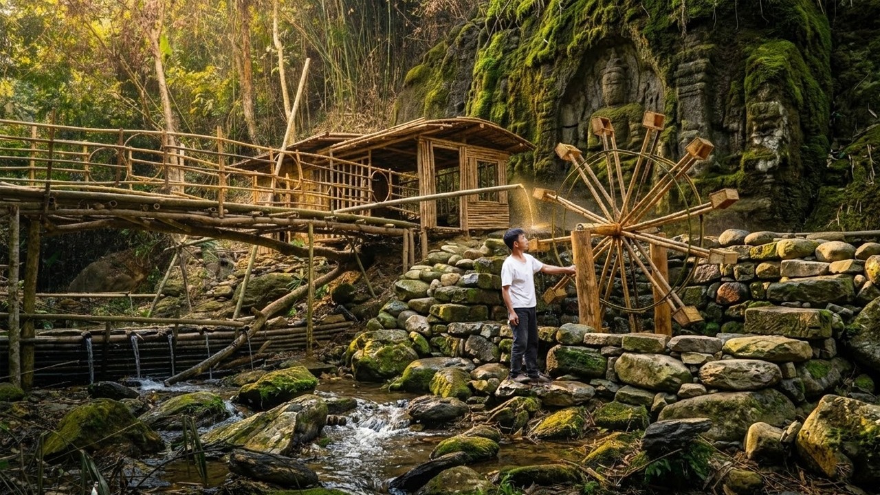 Building a water-powered turbine. Living alone in the deep forest.