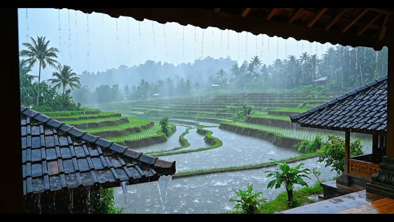 10 Hours of Peaceful Tropical Rain Ambience Over Lush Rice Terraces for Deep Sleep and Relaxation