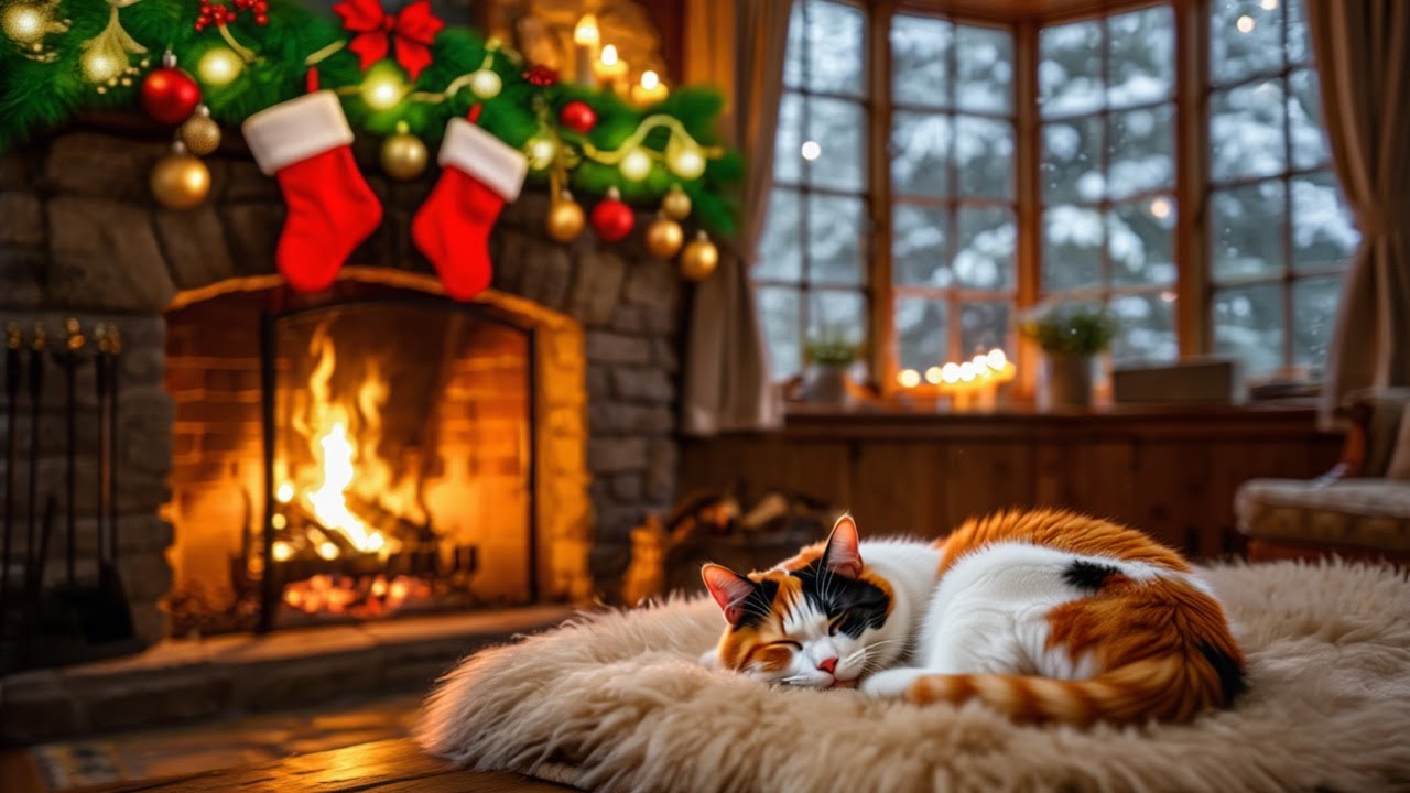 Cozy Fireplace Ambience | Sleeping Cat and Christmas Night Peace