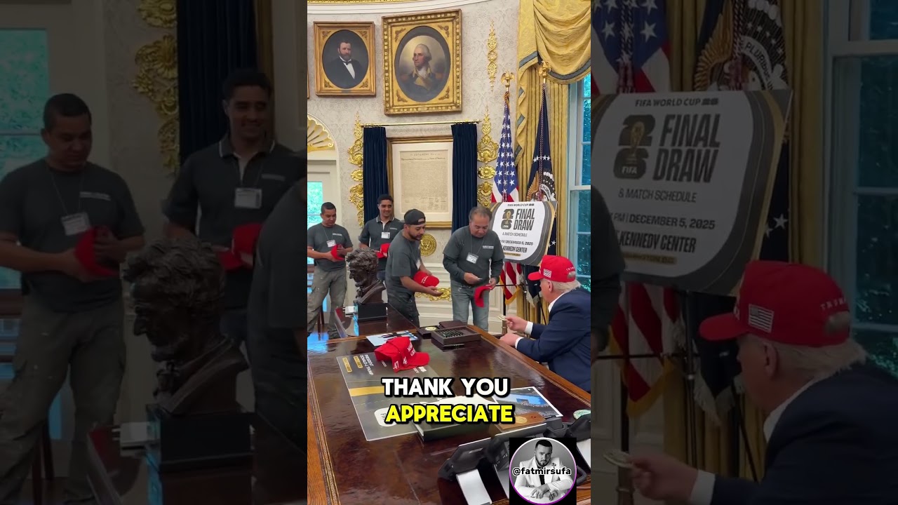 President Donald Trump invites the hardworking men renovating the White House into the Oval Office!