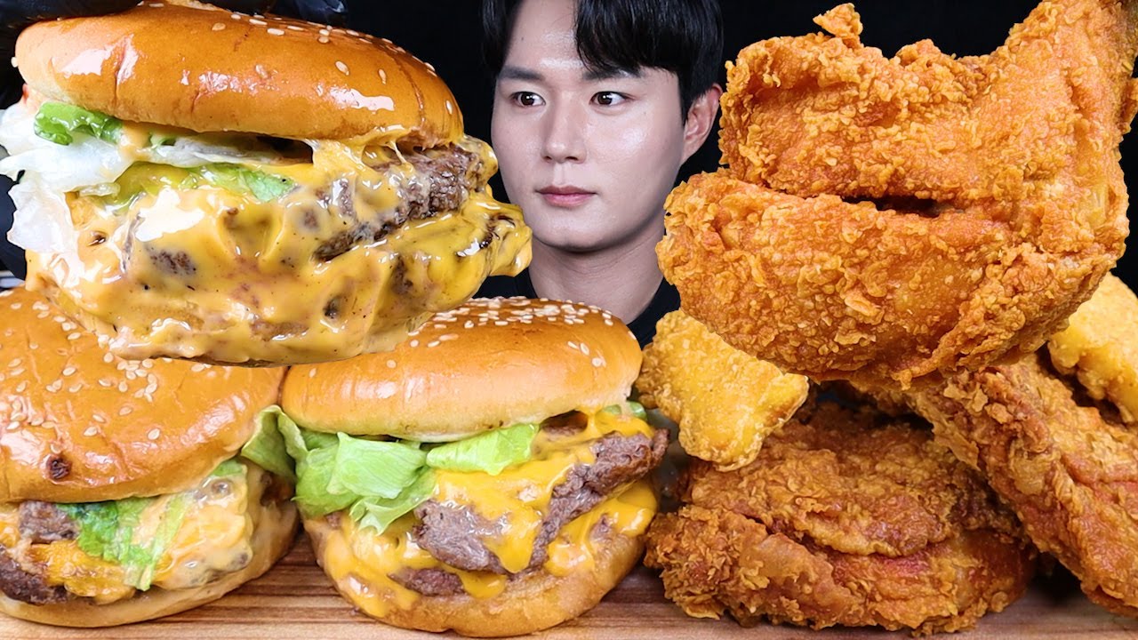 비프 더블 치즈버거 통다리 치킨 먹방ASMR MUKBANG BEEF DOUBLE CHEESEBURGERS & FRIED CHICKEN チキンチーズバーガー eating sounds