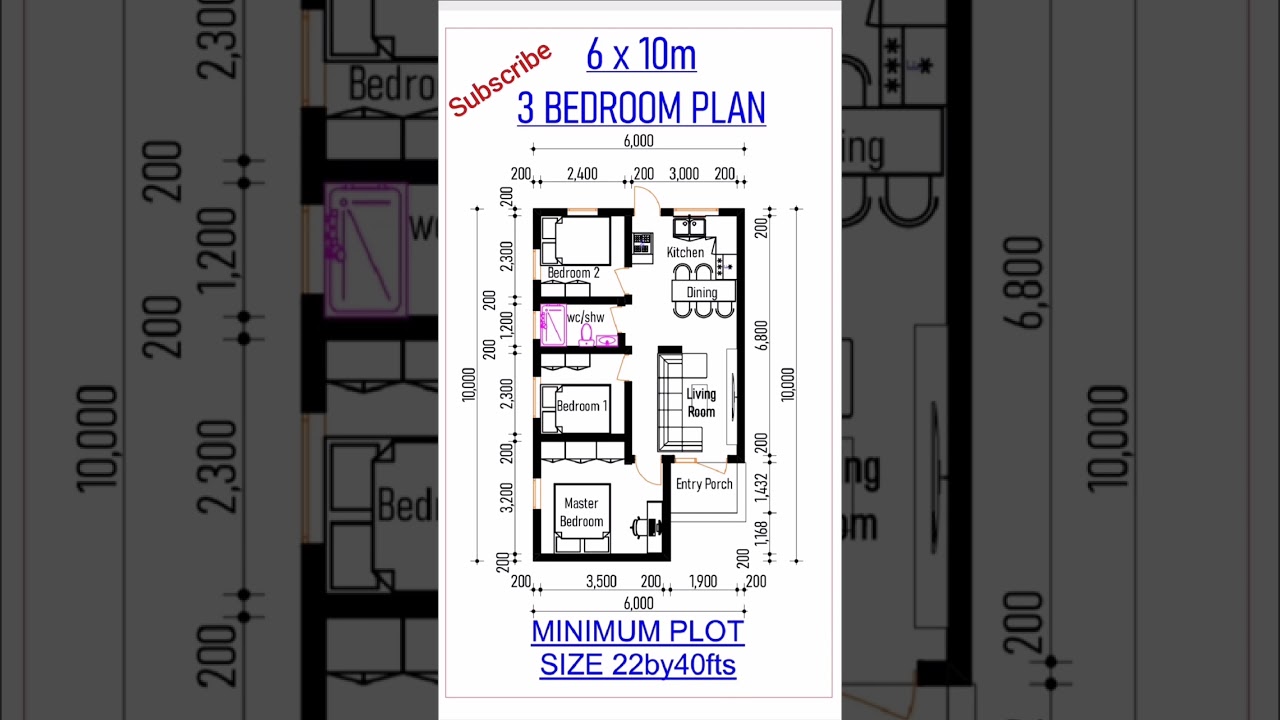 6x10m 3 BEDROOM HOUSE DESIGN PLAN