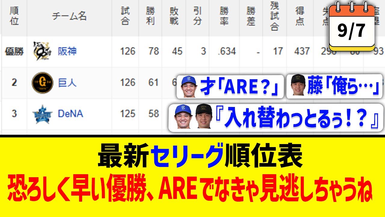 【9月7日】最新セリーグ順位～恐ろしく早い優勝、AREでなきゃ見逃しちゃうね～