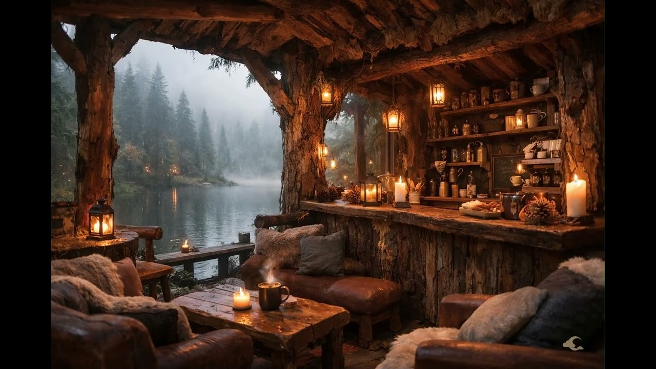 Misty Forest Lake Café 🌲 Cinematic Nostalgic Instrumental | Cozy Lantern Cabin Ambience