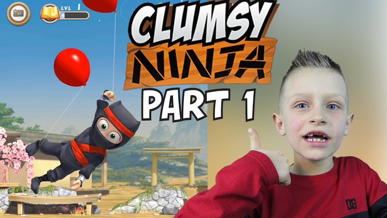 Clumsy Ninja #1 - floating with baloons, jumping on trampoline | KID GAMING