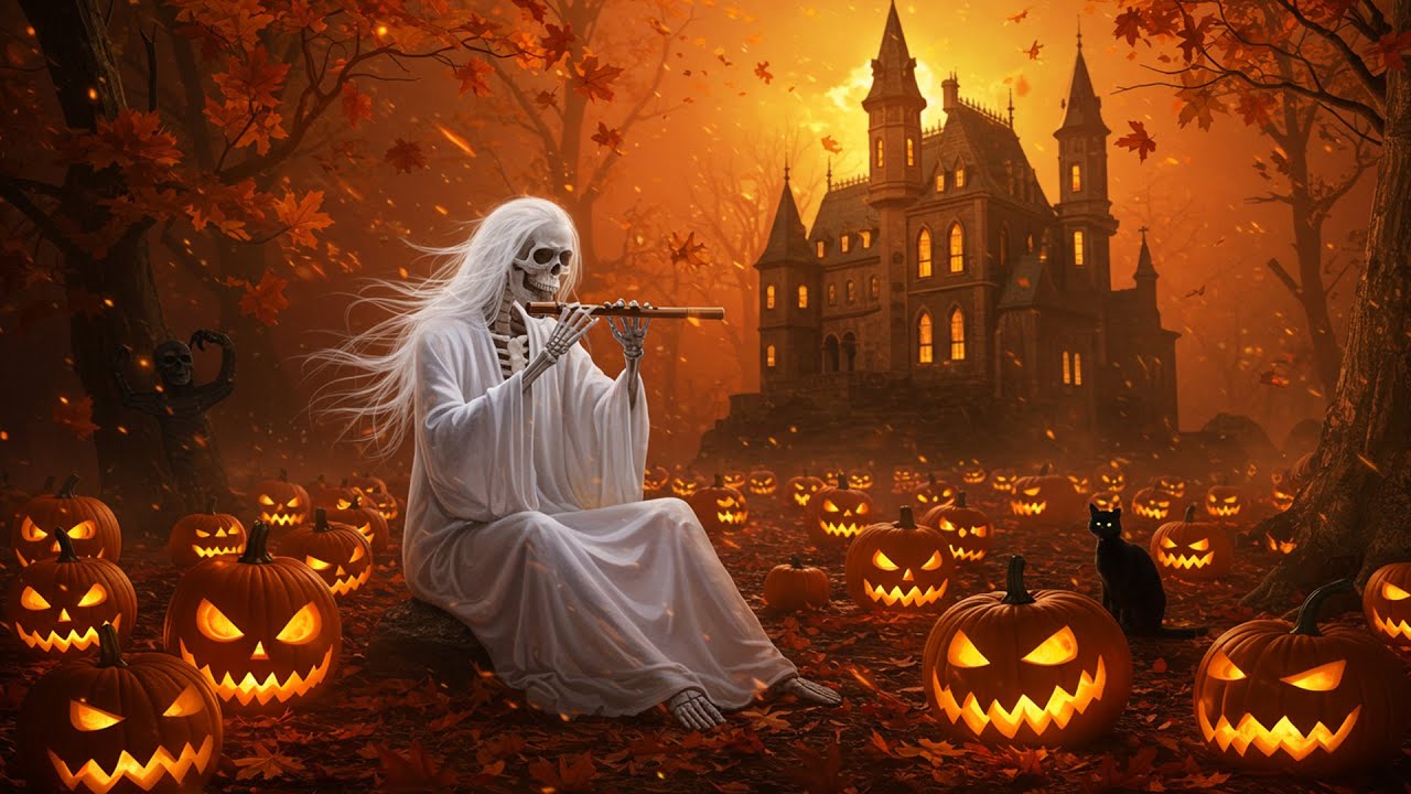 Ghostly Melody in the Forest 🎃 Cozy Autumn Village with Spooky Sounds & Music