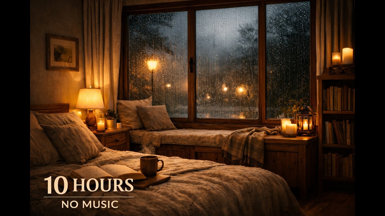 Cozy Rain on Window at Night 🌧️ Fireplace Room Ambience for Sleep, Relax & Anxiety Relief (10 Hours)