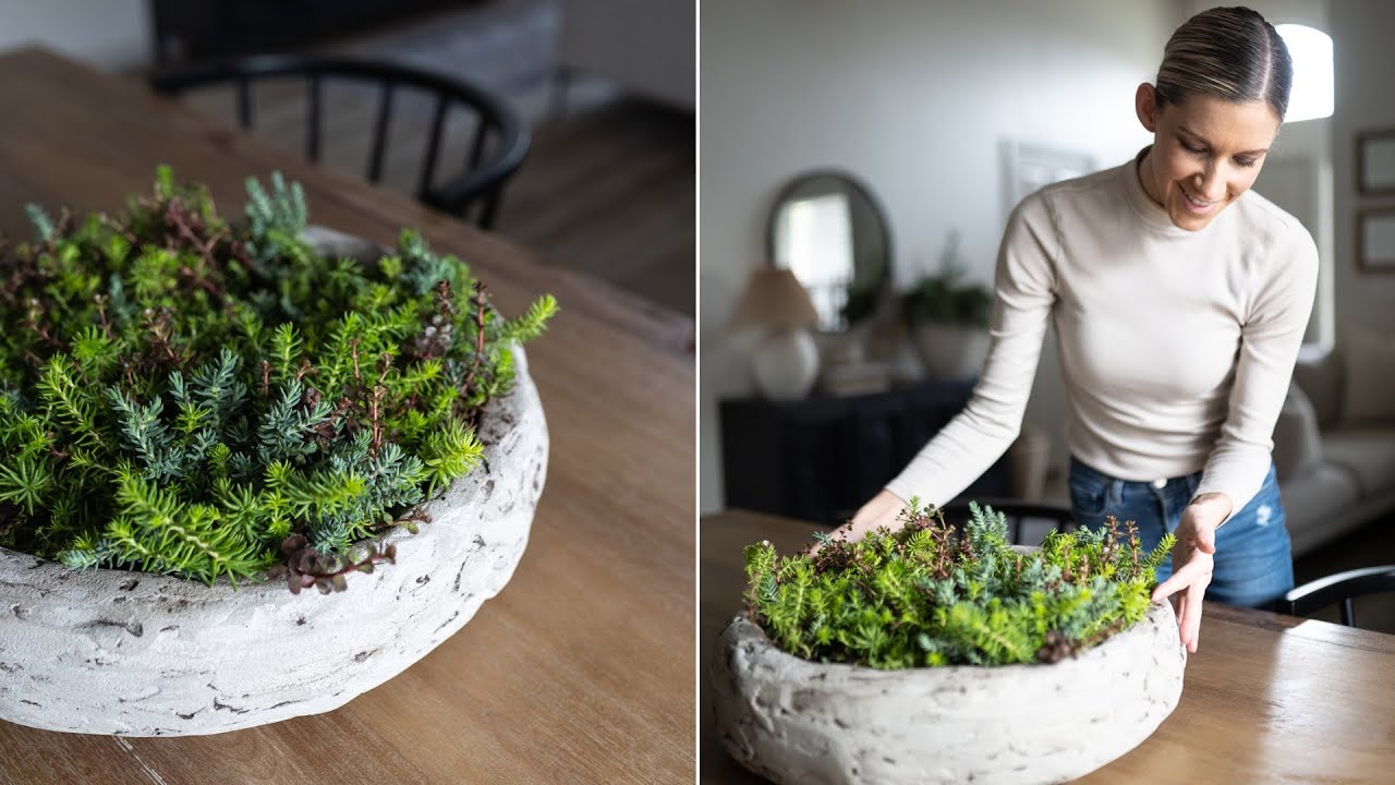 DIY STONE PLANTER POT for DINING ROOM TABLE // MOSS BOWL + SUCCULENTS & GREENERY