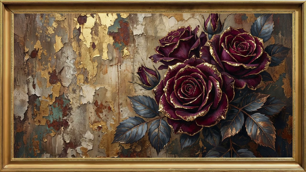 Luxurious Roses on Rustic Gold | Vintage Floral Oil Painting 4K | Frame TV Art Screensaver