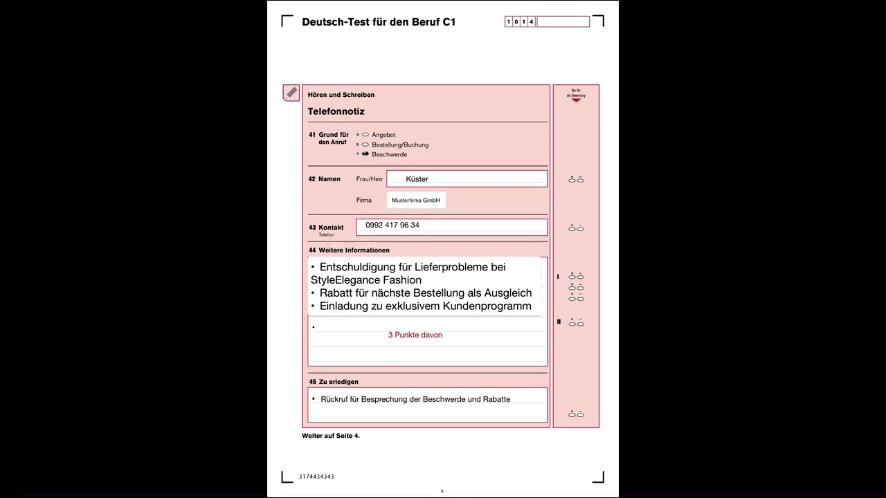 DTB B2 DTB C1 Prüfungsübungen Hören und Schreiben telefonische Mitteilungen Aufgaben 41-45 6