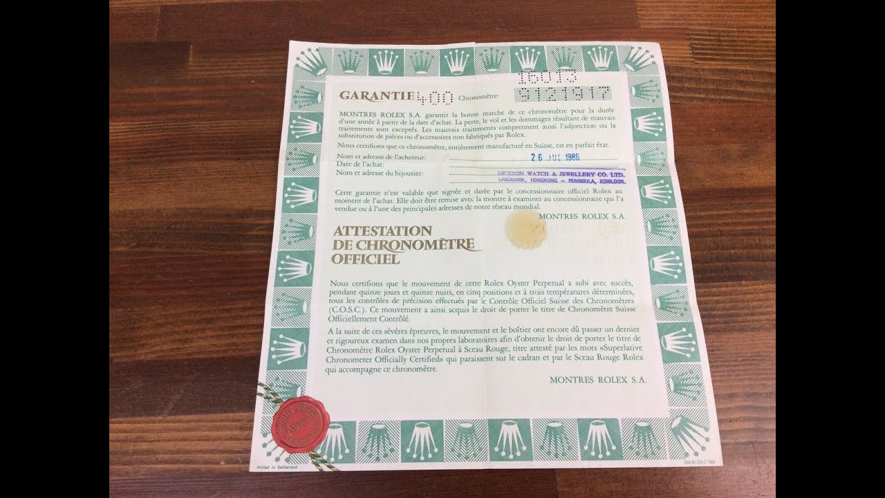 Rolex Vintage DateJust 16013 Garantie Paper 1986