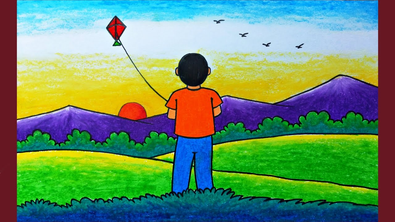 How to draw a boy flying kite with scenery | Kite flying scenery drawing easy step by step