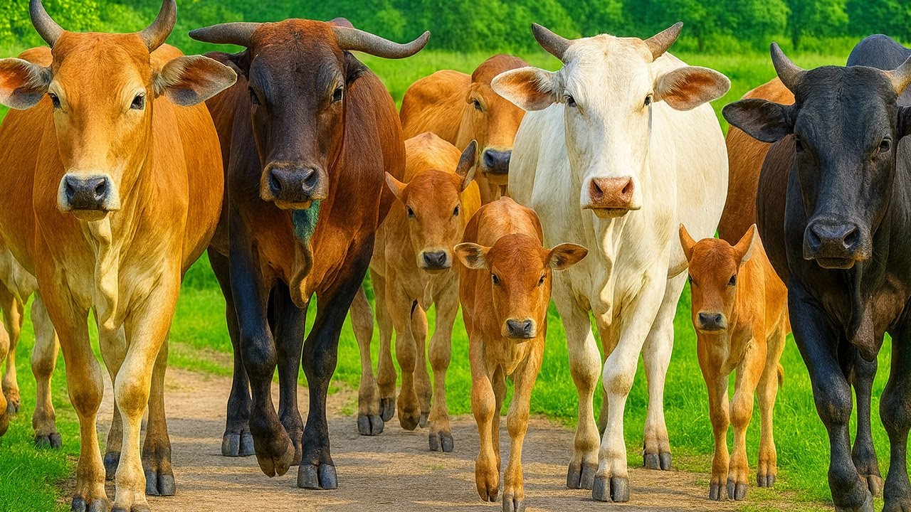 Kerumunan sapi lembu Ternak Beramai-ramai Berjalan Menuju ladang hijau, Suara Sapi Moo, Sapi Lucu
