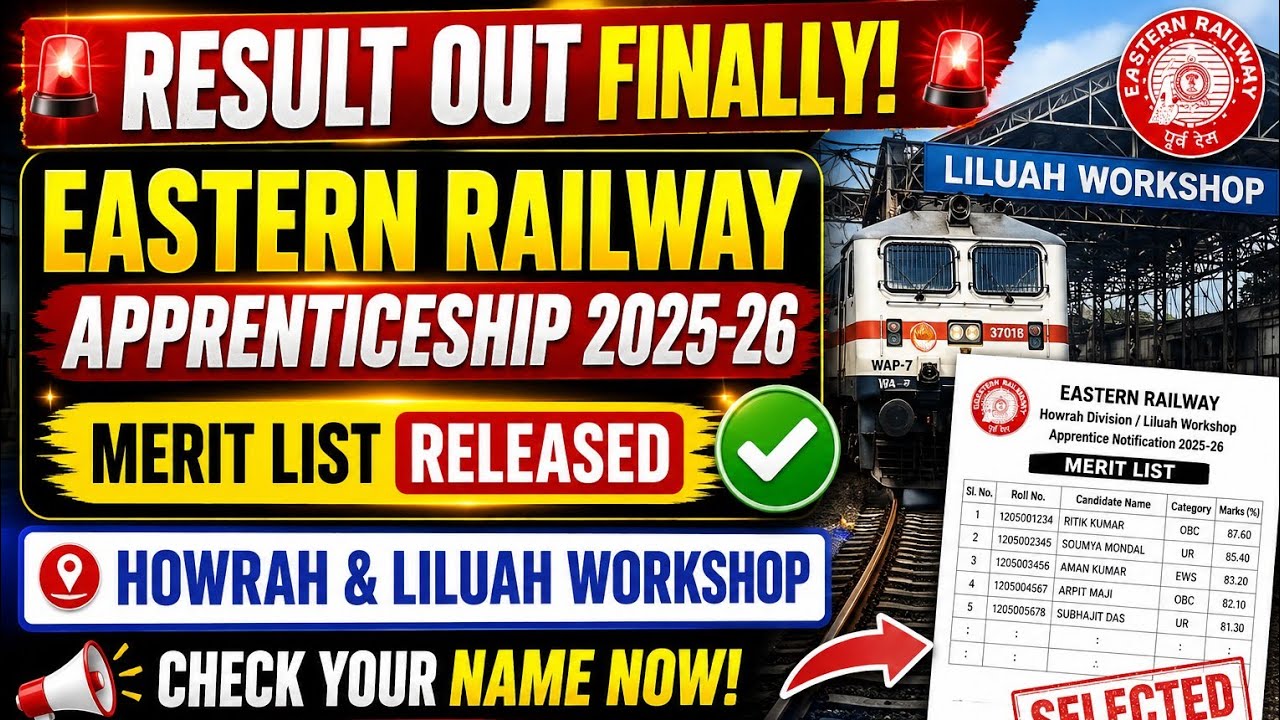 Eastern Railway Apprentice Result Out Finally  Howrah & Liluah Workshop Merit List 2025-26