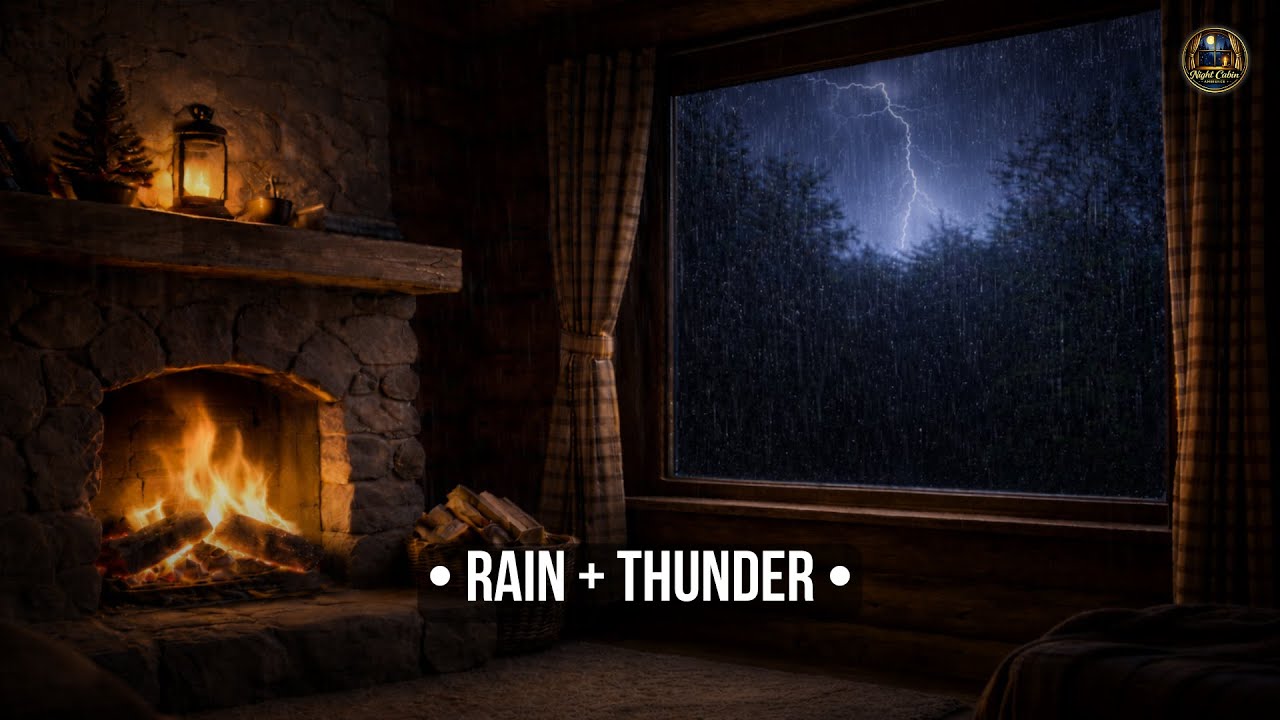 Night Cabin Ambience • Rain + Thunder Outside, Fireplace Inside 10 Hours Deep Sleep