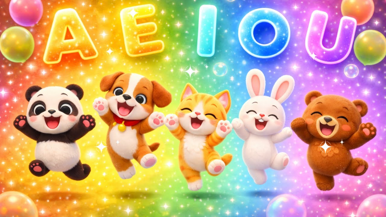 Vowels Song with Cute Animals 🐼🐶🐱🐰🐻 | Learn A E I O U
