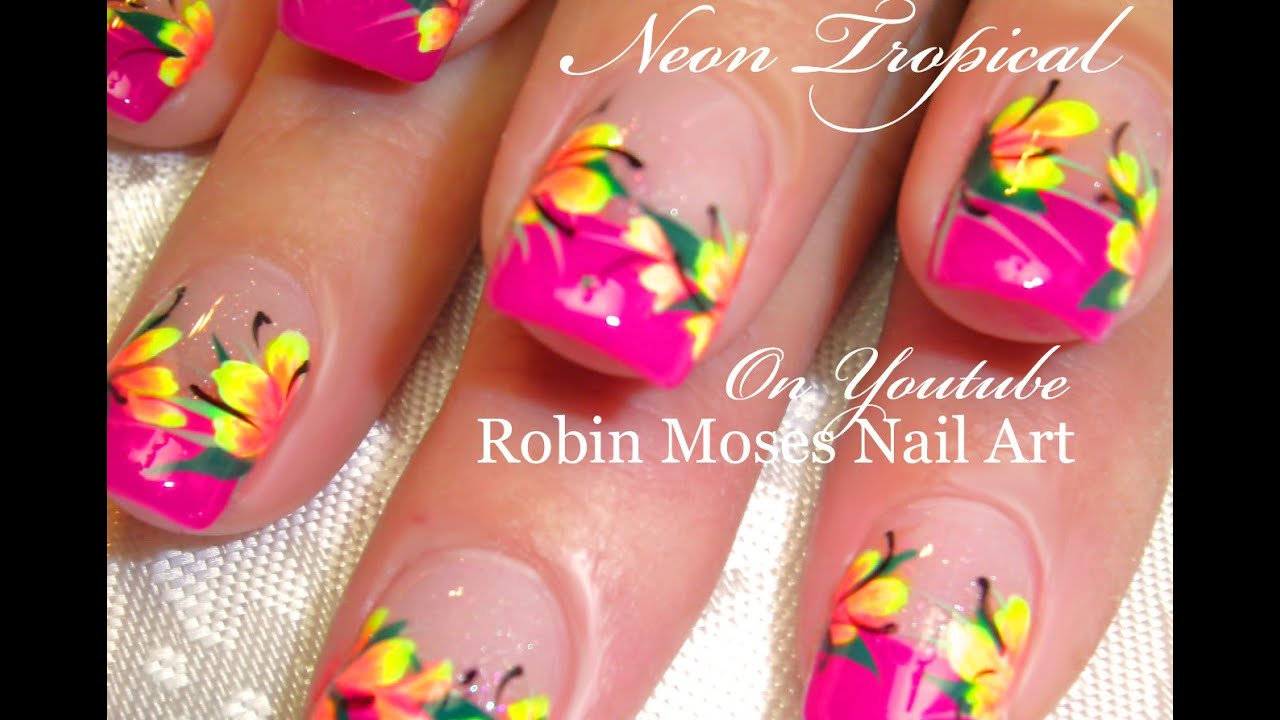 Neon PInk Tropical Nails | Hot Neon Yellow Flowers Nail Art Design