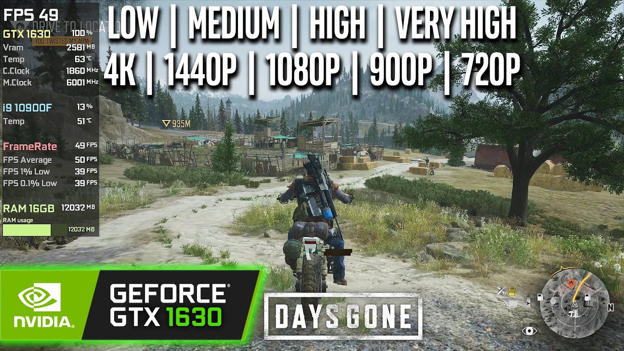 GTX 1630 | Days Gone - 4K, 1440p, 1080p, 900p, 720p - Very High, High, Medium, Low