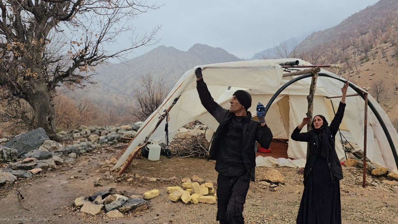Nomadic family survival in the cold mountains and making tents