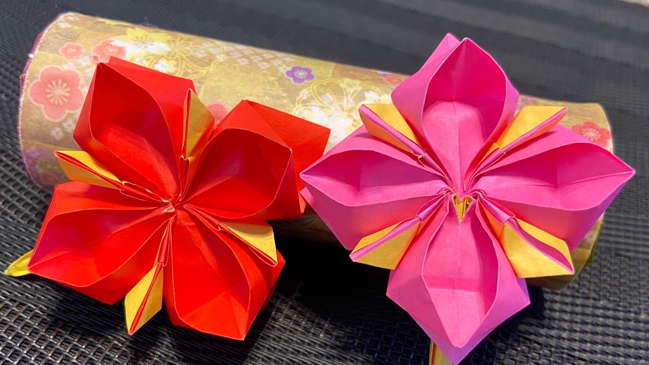 【折り紙　髪飾り　お花のかんざし　折り方】折り紙一枚で髪飾りを作ります。卒業式やお別れ会、発表会などの胸元のアクセントにも！ふぅりんオリジナルです。