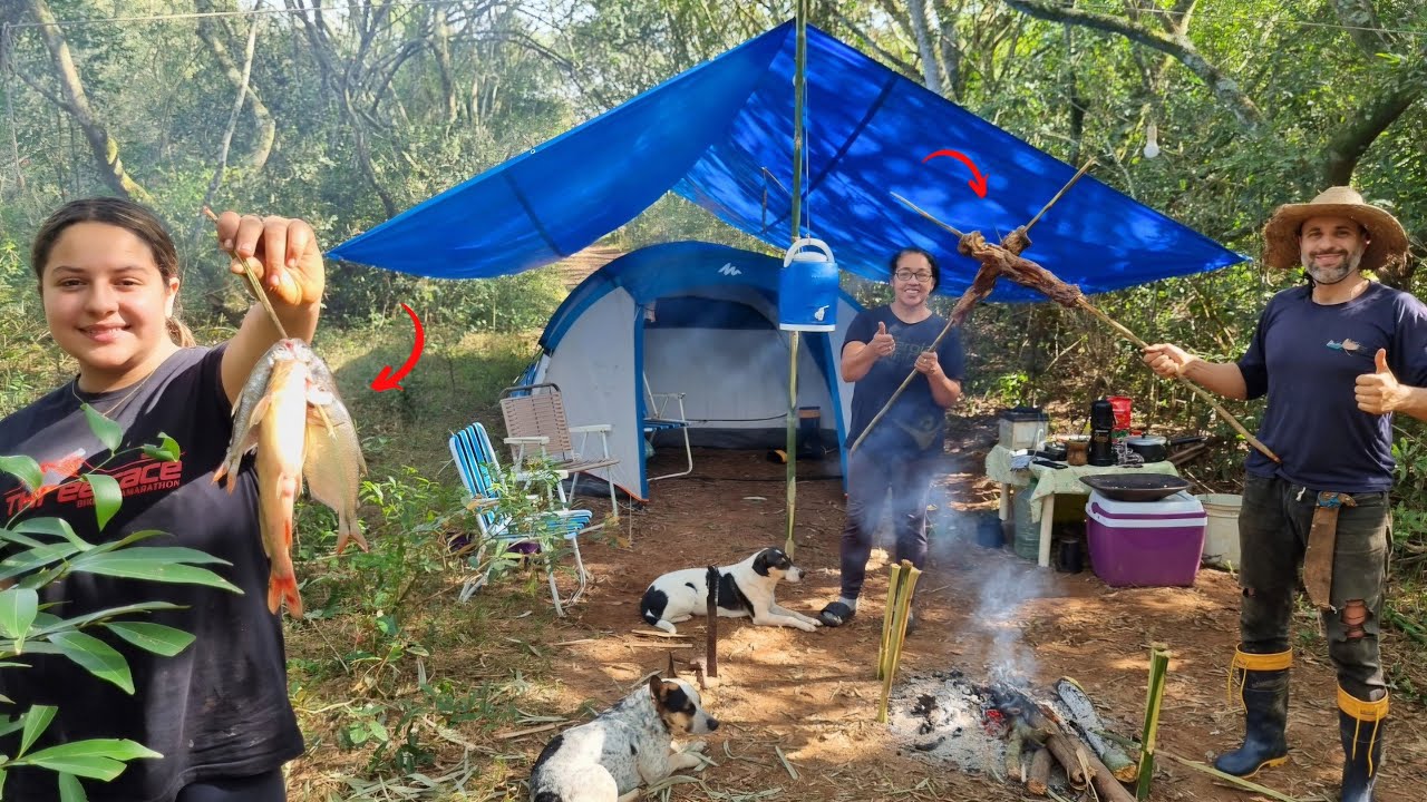 Acampamento,pescaria boa!! Um legitimo churrasco raiz com lenha da mata!
