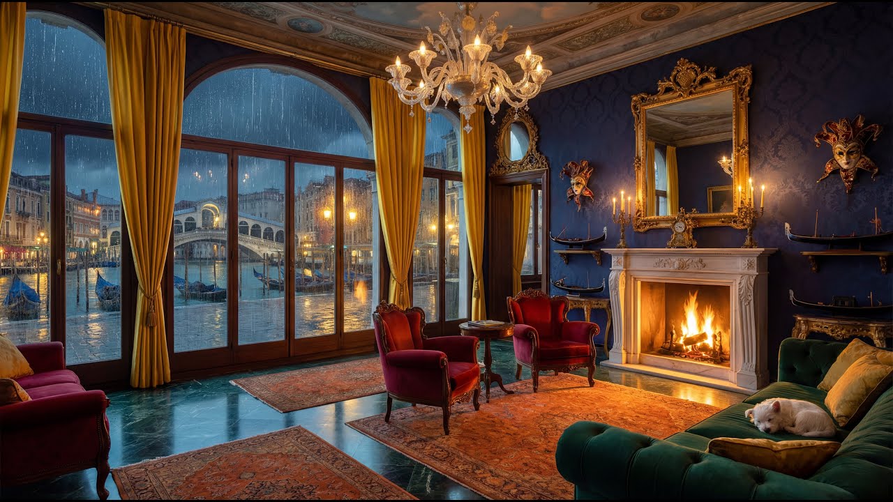 Piano for Anxiety & Stress Relief – 2 Hours Rain & Fireplace in a Venice Canal House