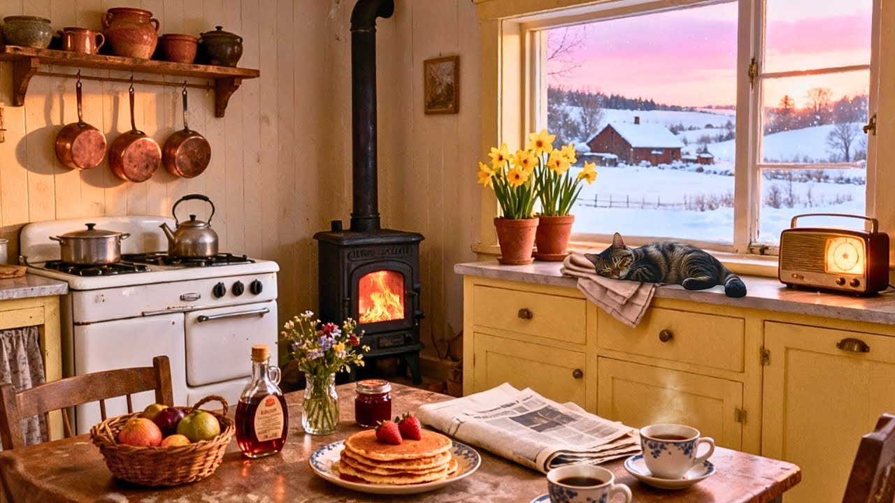 Peaceful Snowy Morning in the 1950s ❄️ Oldies Playing in Another Room | Warm Stove Crackle