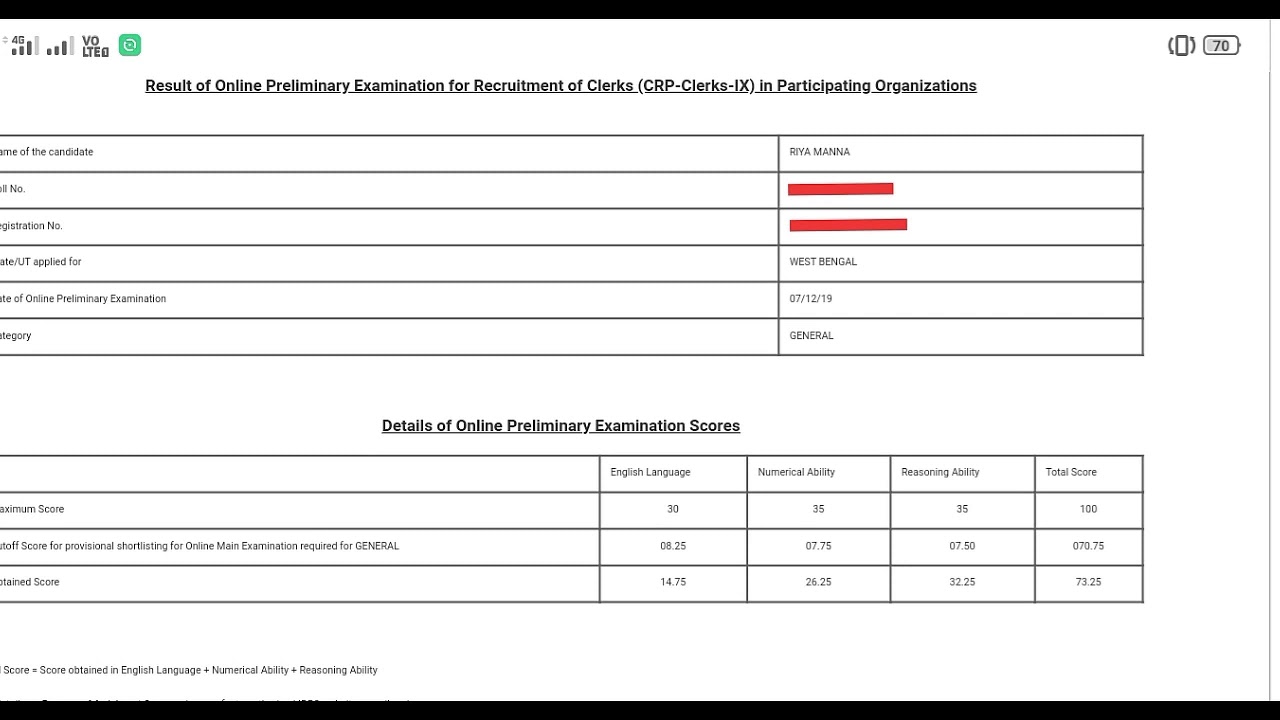 IBPS  CLERK PRE SCORECARD 2019