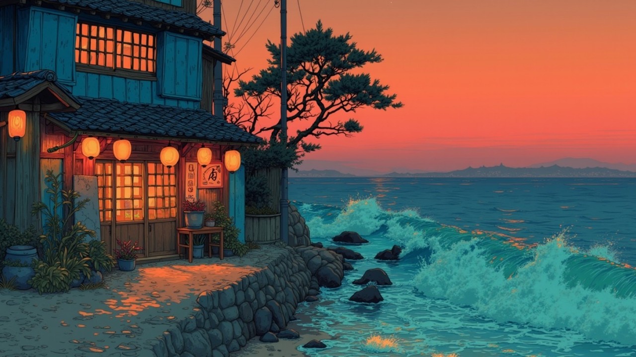 Chill Lofi Beats ~ Japanese Lofi Ambience ~ Retro Town Seaside Sunset Vibes for Zen Sleep