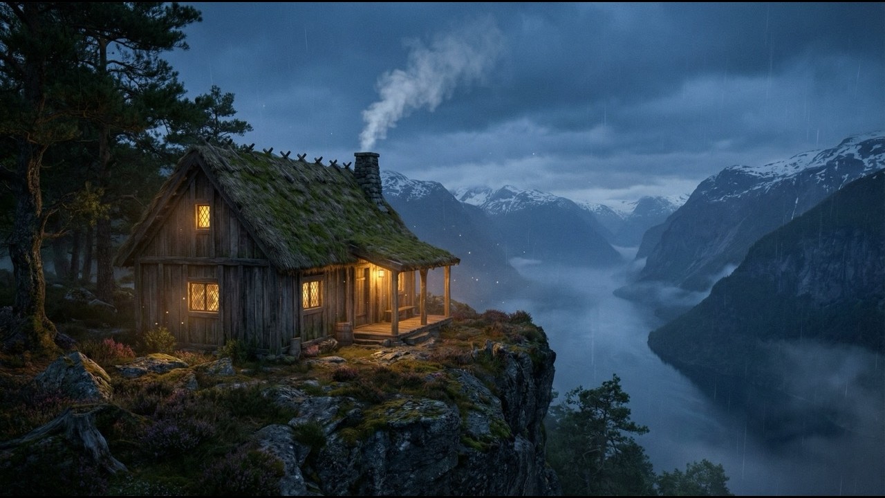 Lonely Cabin on the Cliff 🏔️ Norwegian Fjord Rain & Wind ASMR