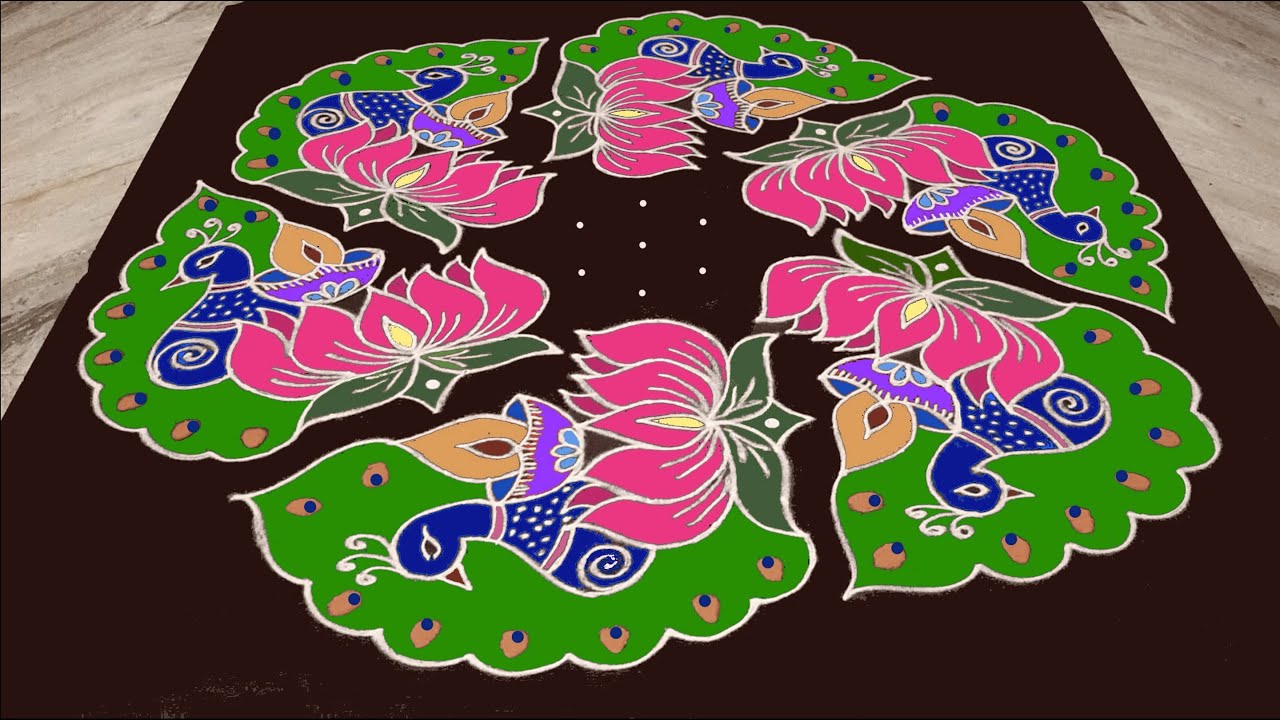 Peacock rangoli 15x8 dots | Sankranthi special chukkala muggulu | Traditional lotus flower rangoli