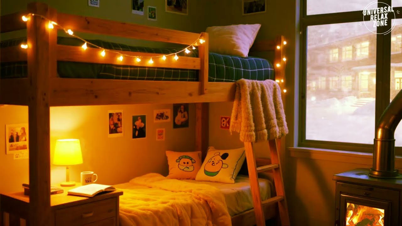 Deep Sleep Ambience | Cozy Bunk Bed, Snowy Night & Fireplace