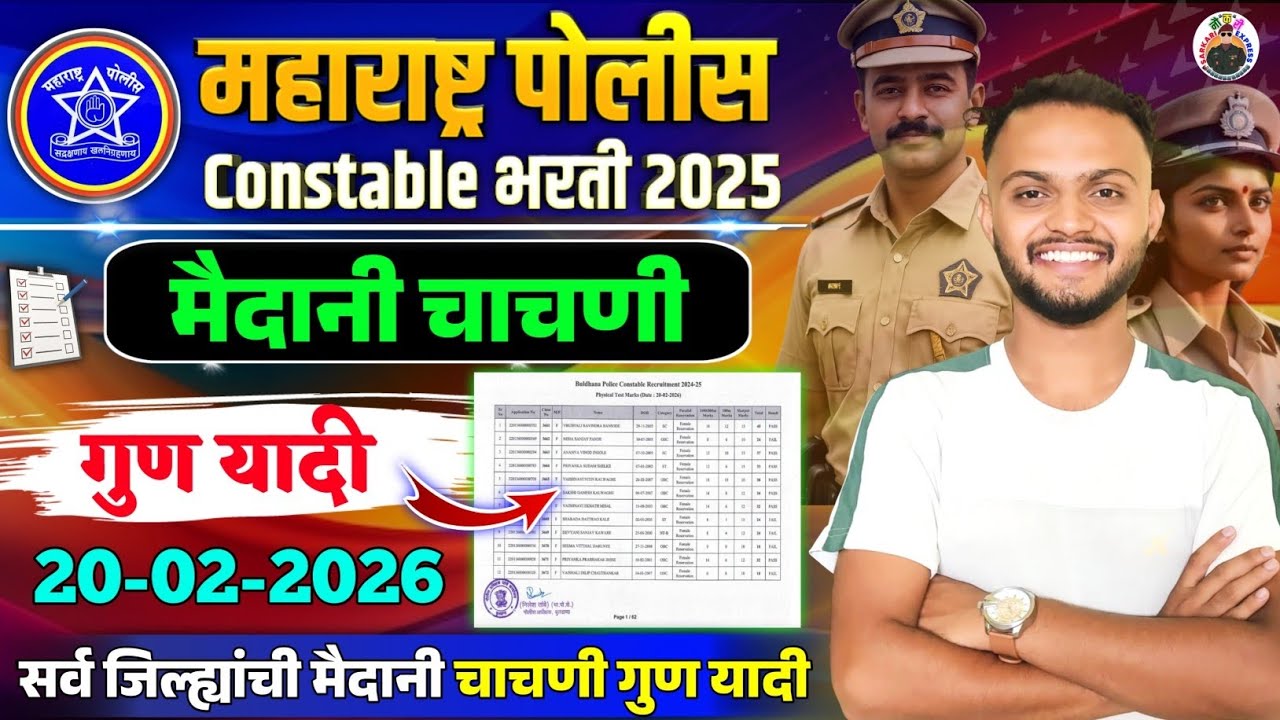 पोलीस भरती 20 फेब्रुवारी 2026 मैदानी चाचणी गुण यादी | police bharti ground marks list| police bharti