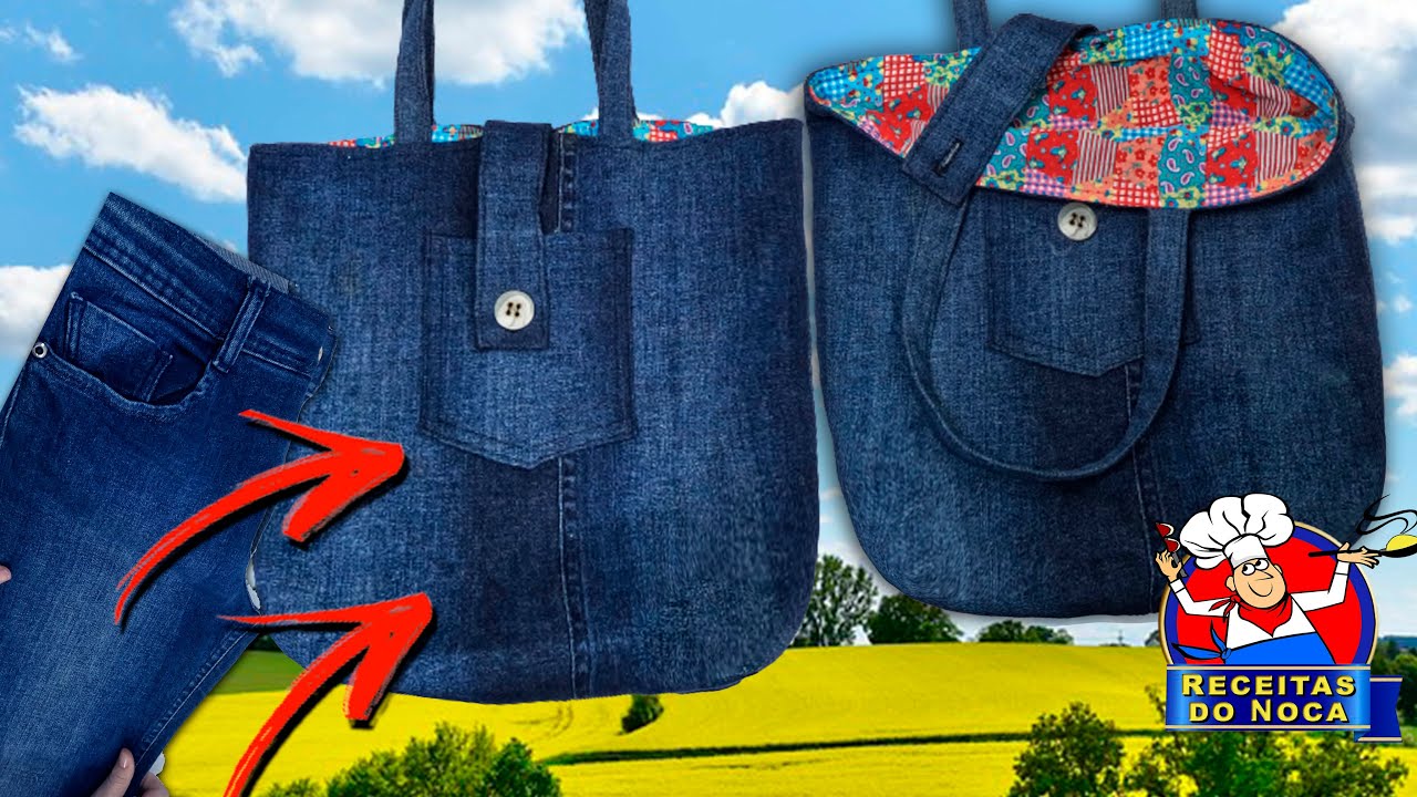 Sacola de OMBRO com jeans usado e fundo modelo caixa de leite. Recicle seu jeans #recicle