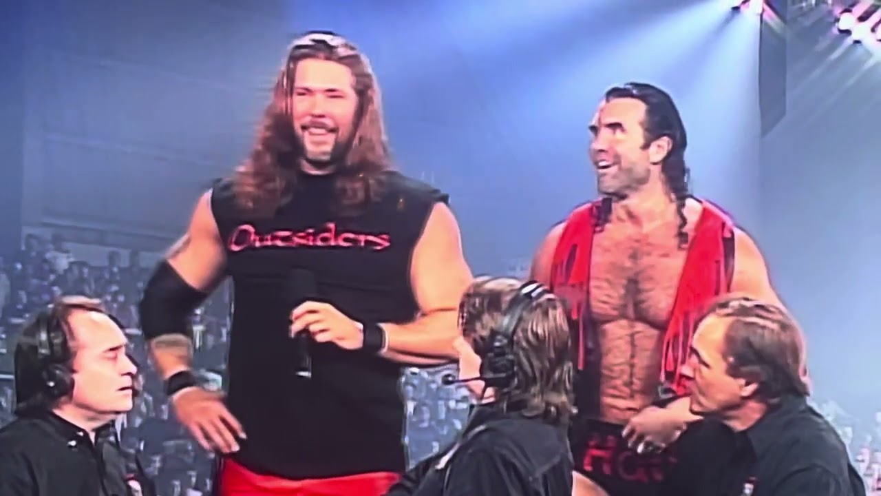 Tony Schiavone, Larry Zbyszko & Mike Tenay are interrupted on WCW Nitro by nWo Outsiders Hall & Nash