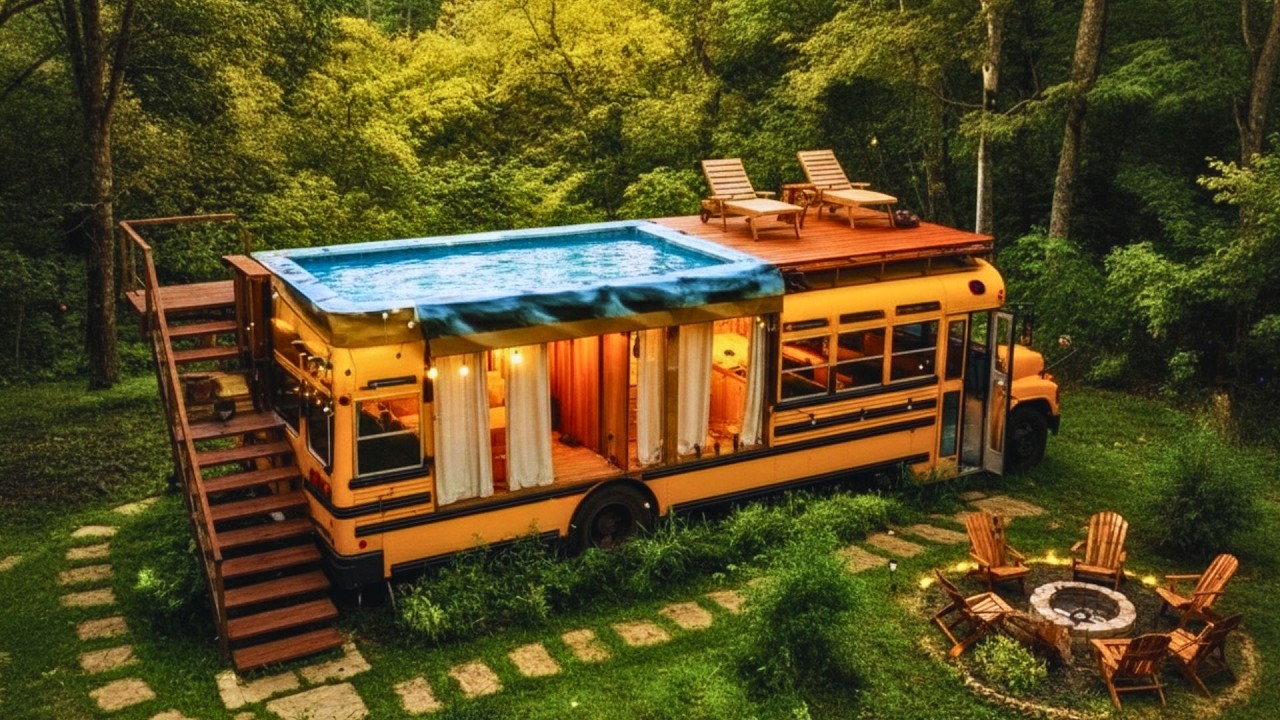 Abandoned Bus Turned Stunning Luxury Pool House – Forest ASMR