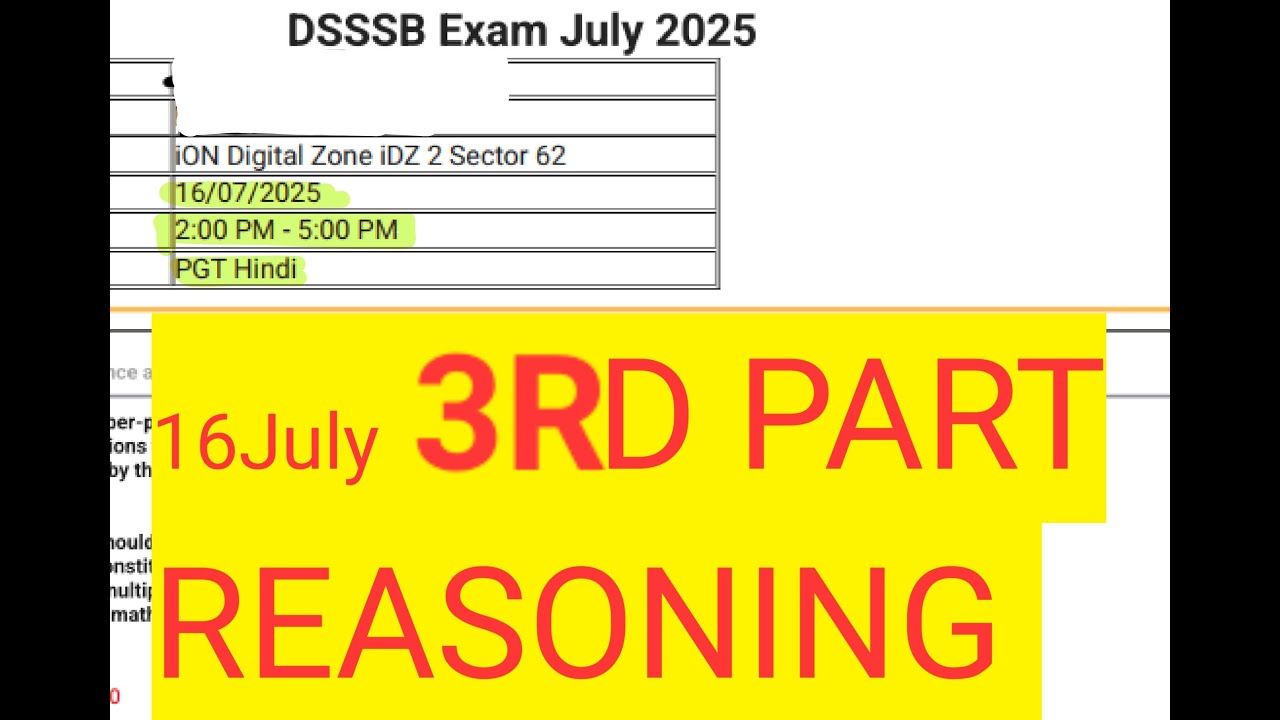 DSSSB 16 July 2025 REASONING PART 3 । PGT HINDI । 2ND SHIFT