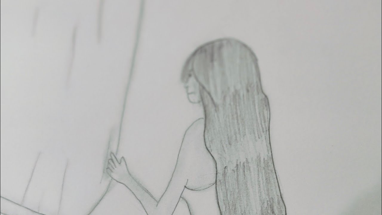 A girl holding curtain 