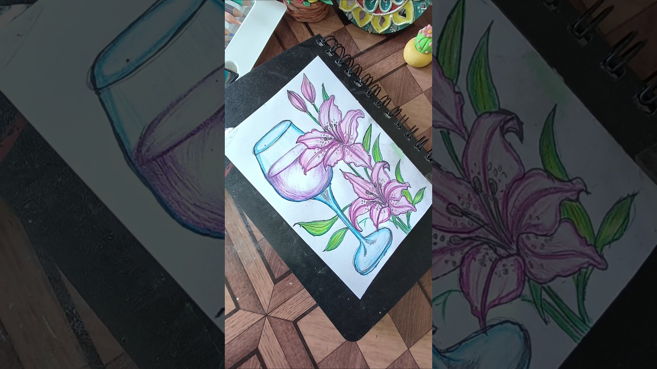 Beautiful Pencil color Art ✨ | Wine Glass & Lily Flowers Drawing | Aesthetic flower art 