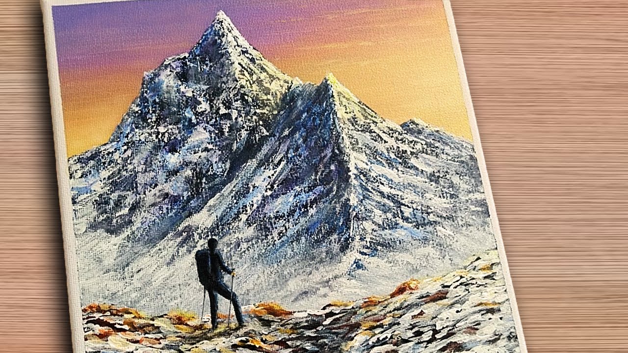 Como Pintar Amanecer Con Montañas Nevadas Y Andinista Con Acrilicos