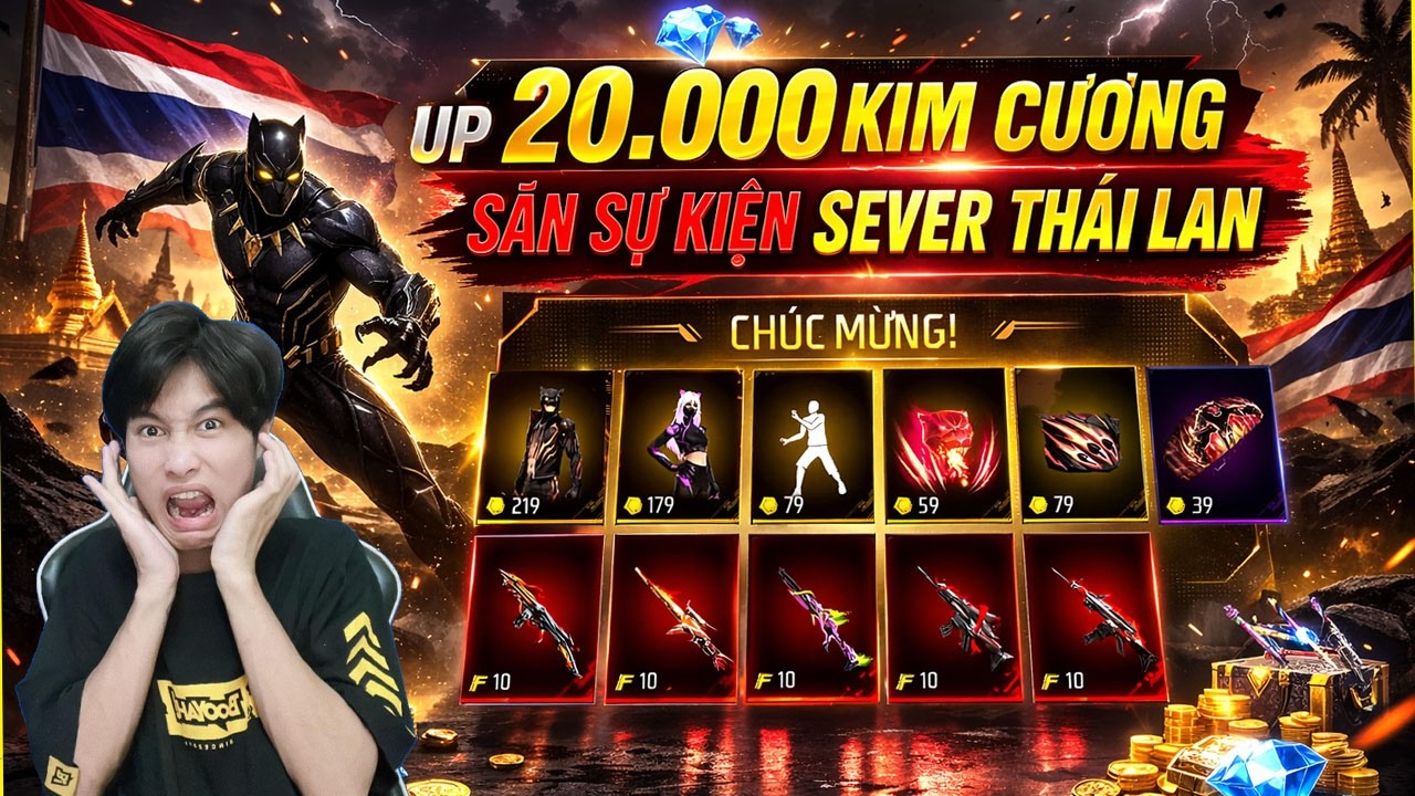 FREEFIRE - UP 20.000 KC SEVER THÁI SĂN SÚNG NÂNG CẤP,GÓI ĐỒ CHIẾN BINH BÁO ĐEN
