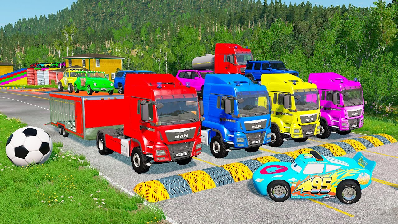 TRANSPORTING PIXAR CARS & FRUITS WITH COLORED & JOHN DEERE vs CLAAS vs TRACTORS - BeamNG.drive #962
