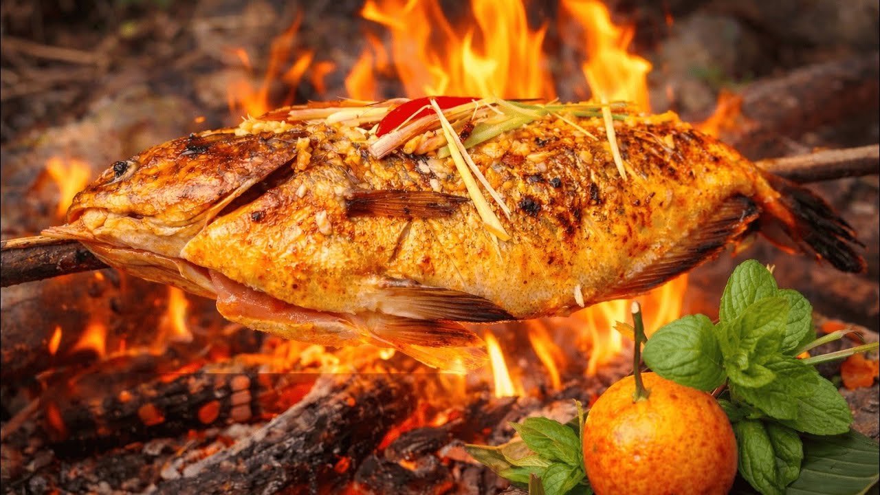 Delicious-grilled-fish-by-the-stream-enjoyed-with-the-sounds-of-the-mountains-and-forests./ ASMR