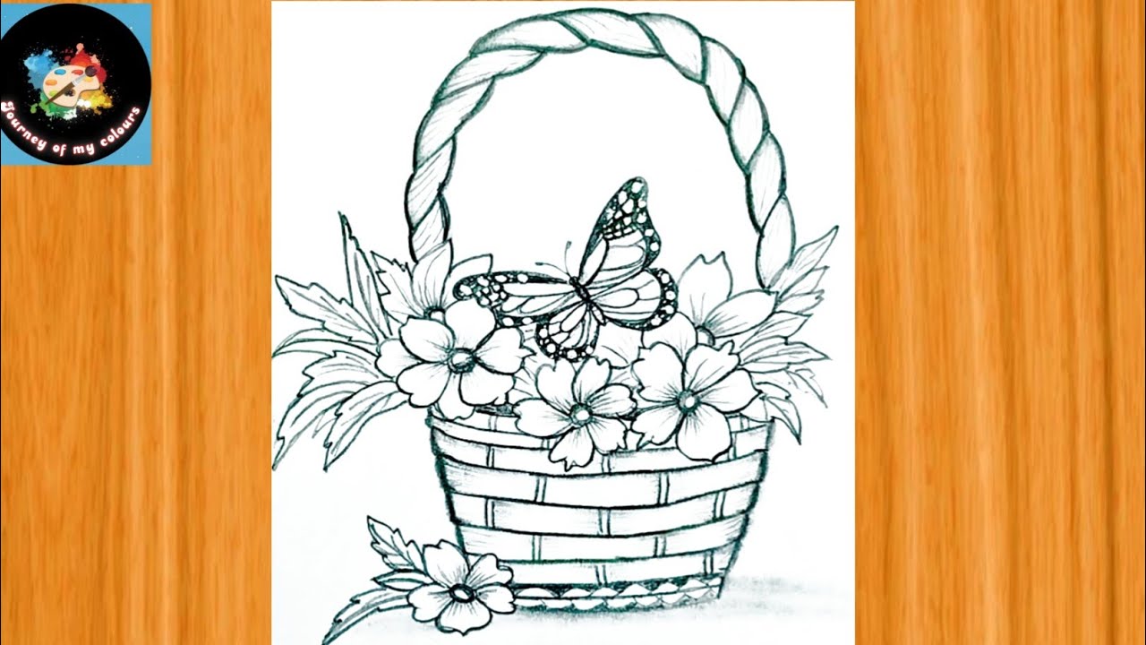 flowers 💐 Bouquet In Basket Drawing || Very Easy Flower Basket Drawing || Flower Basket Drawing.