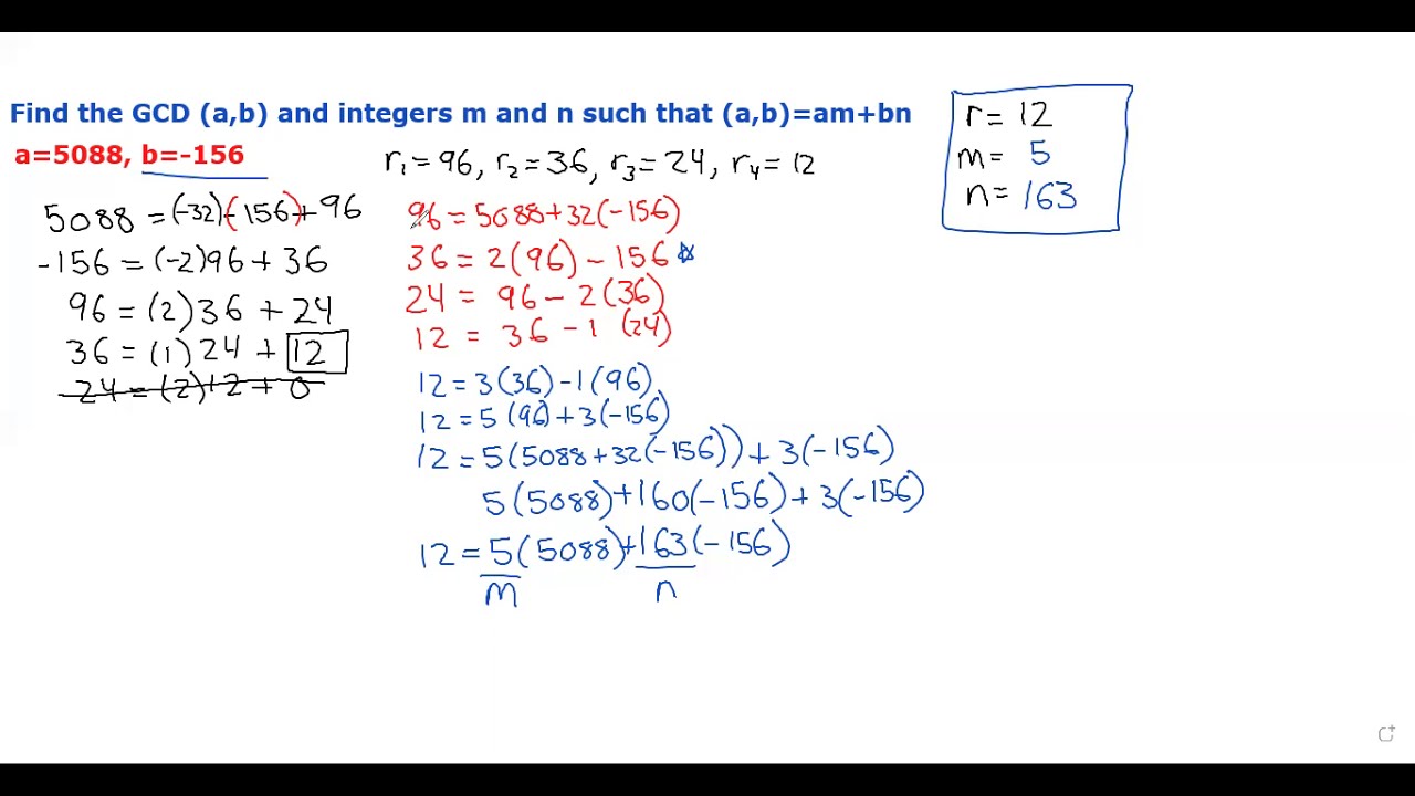 Euclidean Algorithm Finding m and n Values (Negative Example)