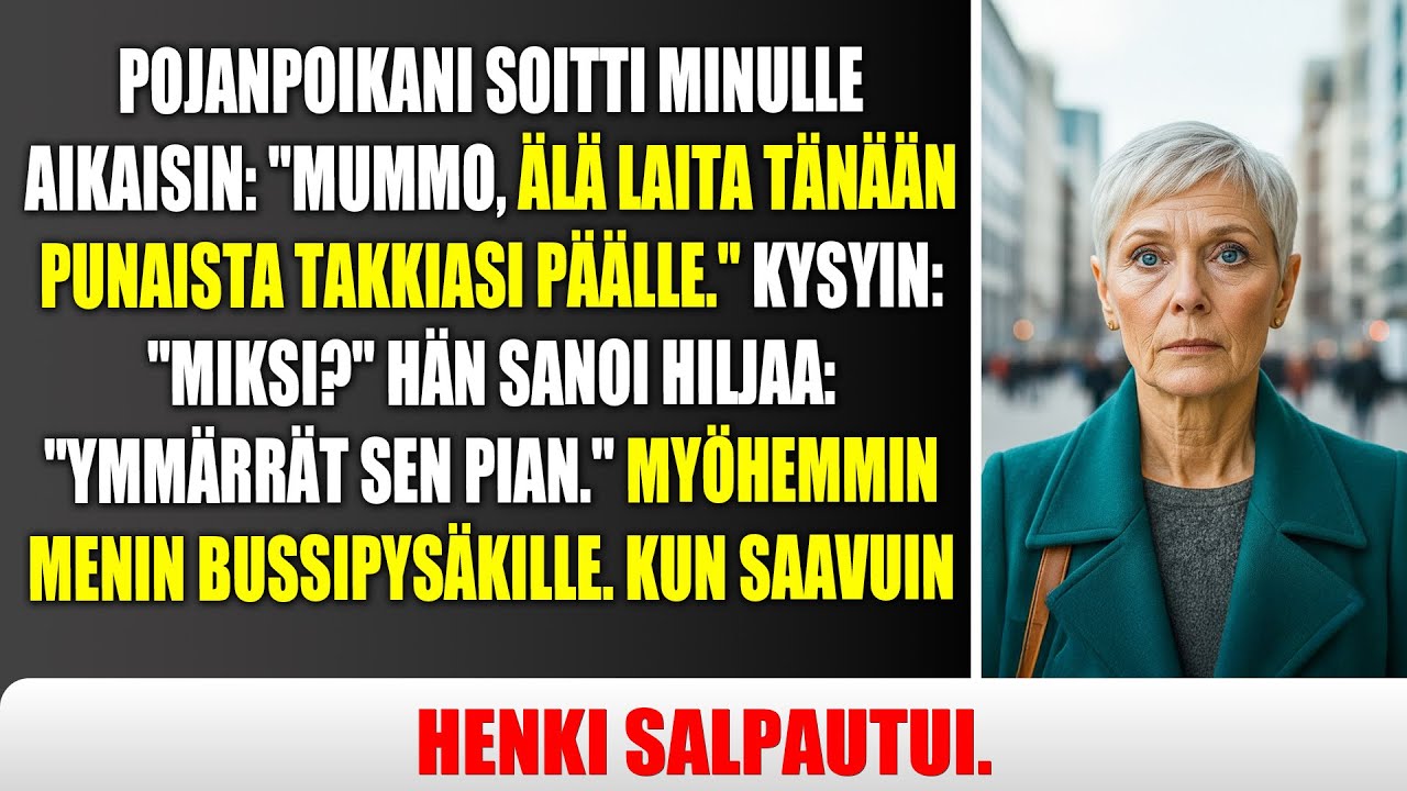 Lapsenlapseni sanoi: "Älä pue tänään punaista takkiasi!" Tunteja myöhemmin tiesin miksi...